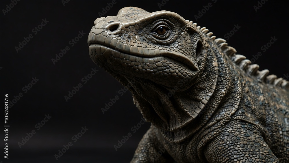 Fototapeta premium Close-up of a Komodo dragon marble statue against a plain black background.