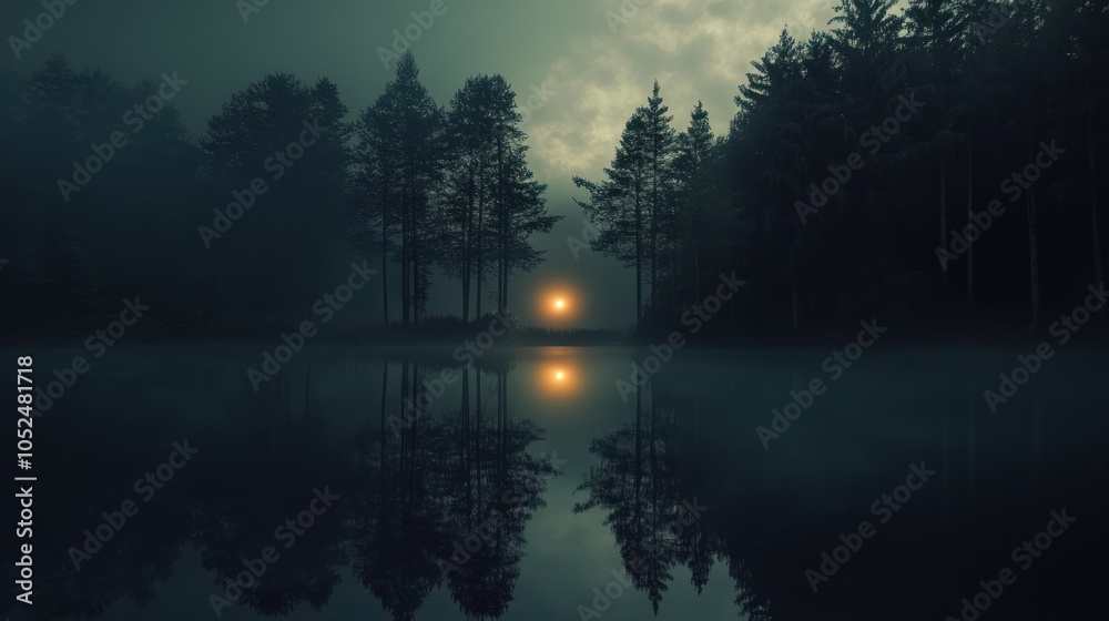 Fototapeta premium A misty sunrise over a still lake in a dark forest with tall trees silhouetted against the light.