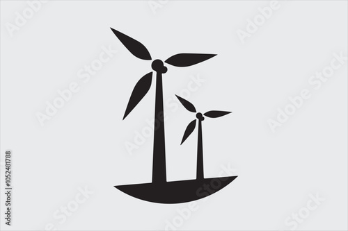 Black and white silhouette of two wind turbines.