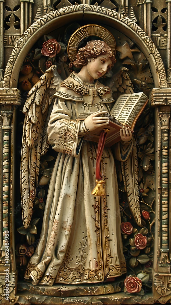 Obraz premium Intricately detailed bas-relief of angel reading book, surrounded by flowers and architectural elements, divine knowledge