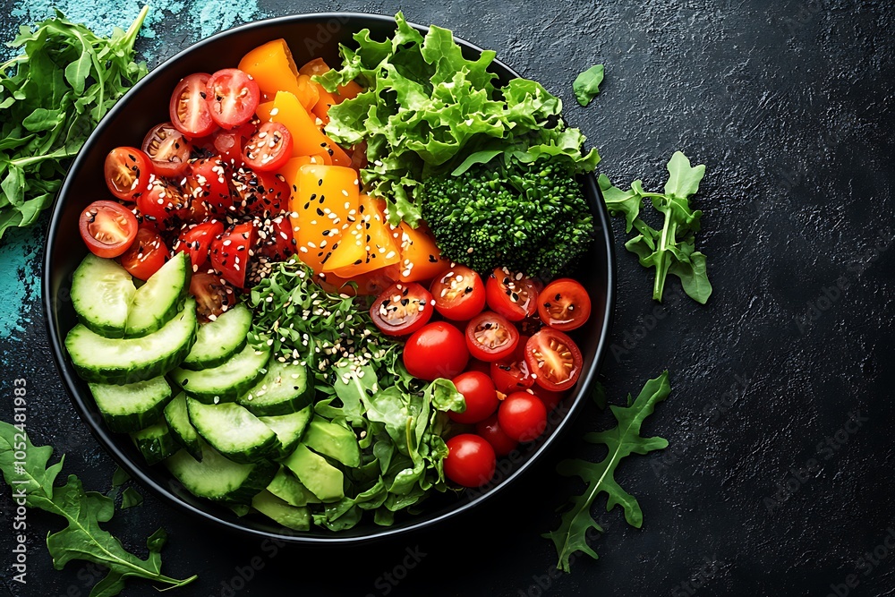 A bowl of fresh and healthy salad on a dark background A bowl of fresh and healthy salad on a dark background
