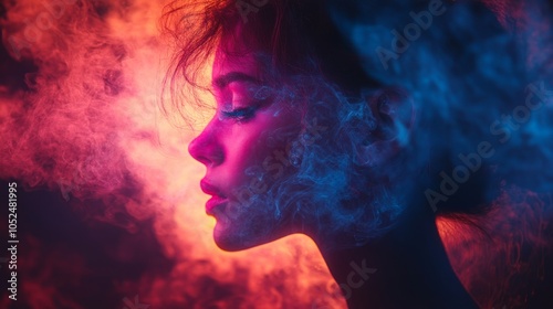 A serene silhouette illuminated by vibrant smoke colors in a mystic atmosphere at dusk
