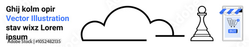 Cloud outline, chess pawn, and shopping cart symbolize technology, strategy, and e-commerce. Ideal for web design, digital themes, modern business, tech startups, and online shopping. Banner
