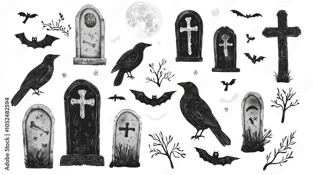 Obraz premium A haunting black and white illustration of tombstones, crows, bats, and a full moon, perfect for Halloween themes and spooky designs.