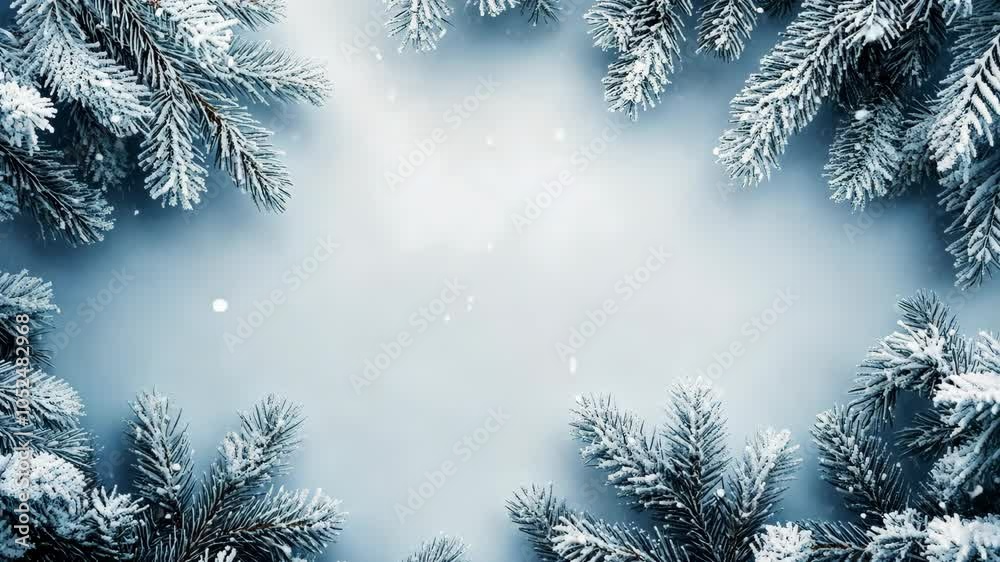 Snow-covered pine branches frame a wintery scene Snow-covered pine branches frame a wintery scene