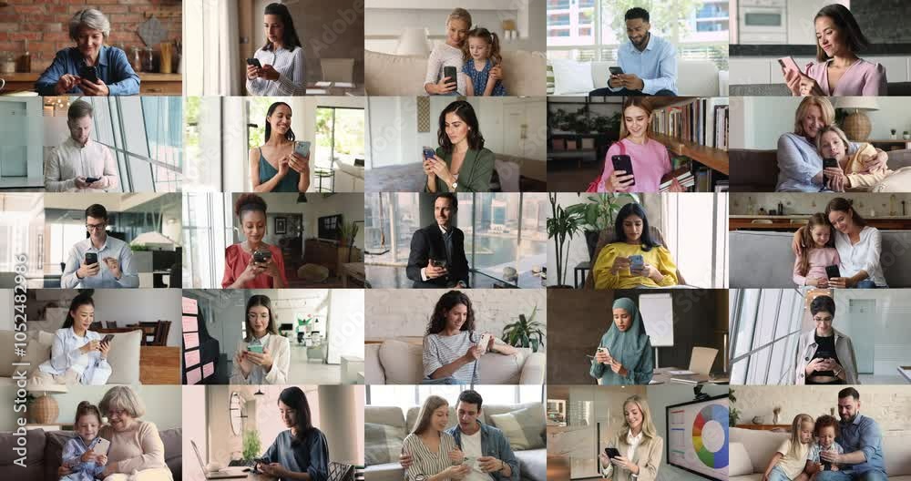 Collage zoom-in view of different ethnicity and age people using smartphones, chat, call engaged in communication at home or offices. Integration of modern tech in our life for comfort and convenience