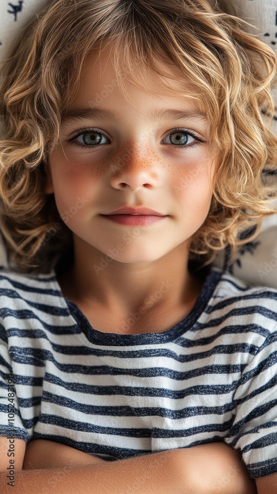 Portrait of a Young Boy with Curly Blond Hair and Freckles