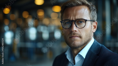 Professional man with glasses poses confidently in a busy urban environment during twilight hours