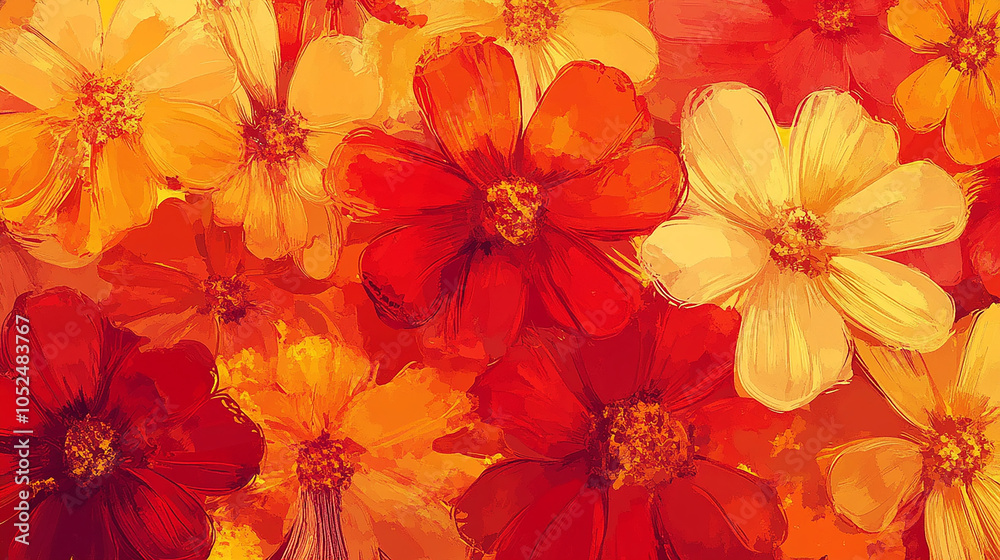 Pop art flower pattern in warm tones of red and orange Pop art flower pattern in warm tones of red and orange