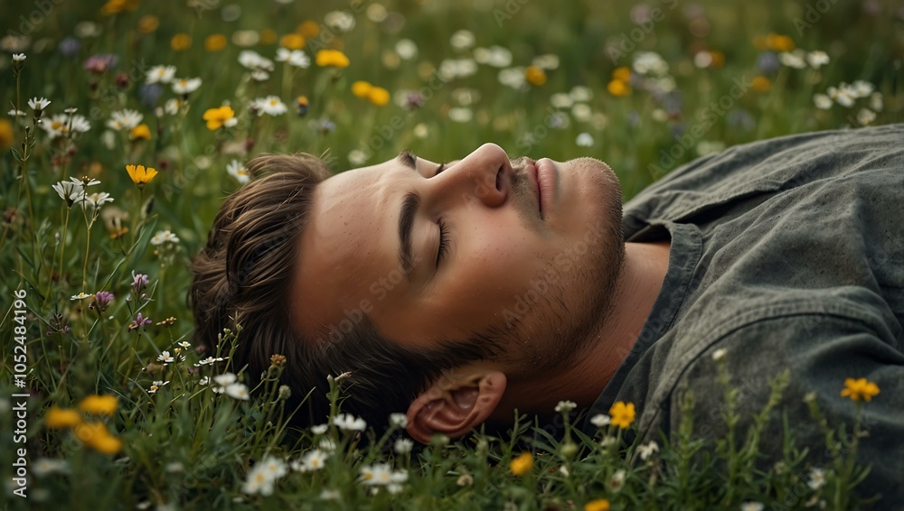 Craftsman relaxing in a meadow, sleeping among wildflowers. Craftsman relaxing in a meadow, sleeping among wildflowers.