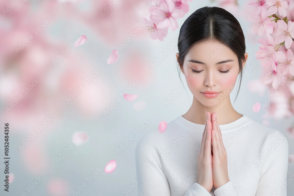 Fototapeta premium Serene young woman in prayer before a blooming cherry blossom tree with a dreamy backdrop of petals