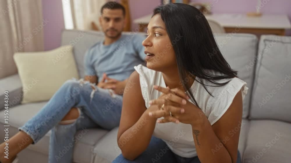 Woman talking with man indoors in a living room with a calm atmosphere. Woman talking with man indoors in a living room with a calm atmosphere.