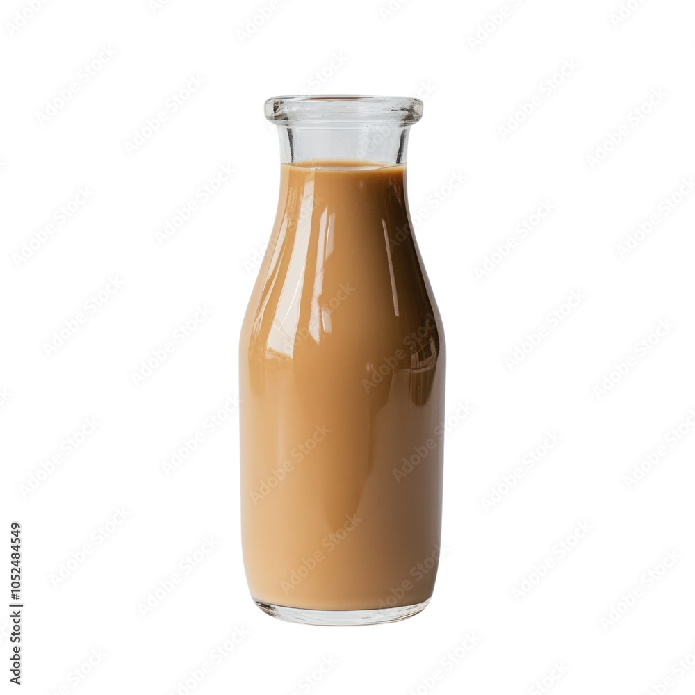 A clear glass bottle of creamy coffee milk with a smooth, caramel-colored isolated on transparent background A clear glass bottle of creamy coffee milk with a smooth, caramel-colored isolated on transparent background
