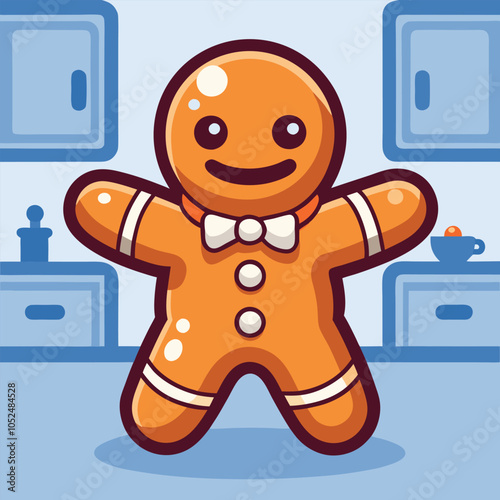 Gingerbread man with a bow tie stands in a kitchen.