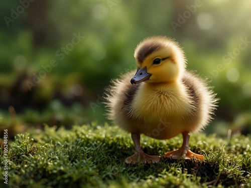 Cute duckling on green moss in natural light.