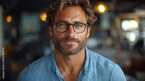 A man with curly hair and glasses smiles warmly while sitting in a cozy café during the afternoon