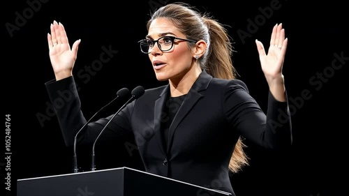 Empowering Speech: A dynamic female speaker, dressed in a sharp black suit and glasses, captivates an audience with her passionate and engaging address.