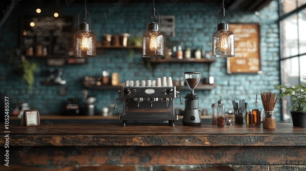 Rustic coffee shop counter with espresso machine and grinder, vintage light bulbs, and exposed brick wall. Rustic coffee shop counter with espresso machine and grinder, vintage light bulbs, and exposed brick wall.