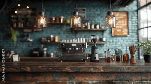 Rustic coffee shop counter with espresso machine and grinder, vintage light bulbs, and exposed brick wall. photo