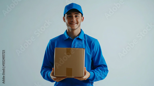 Smiling Delivery Man in Blue Uniform Holding Package on White Background
 photo