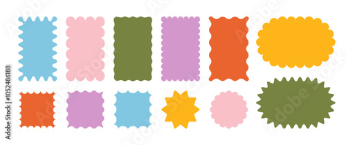 Set of zigzag and wavy edge stickers in rectangle, oval and circle shapes. Vector jagged geometric designs. Abstract elements perfect for frames, stamps, templates, promotional materials, web design