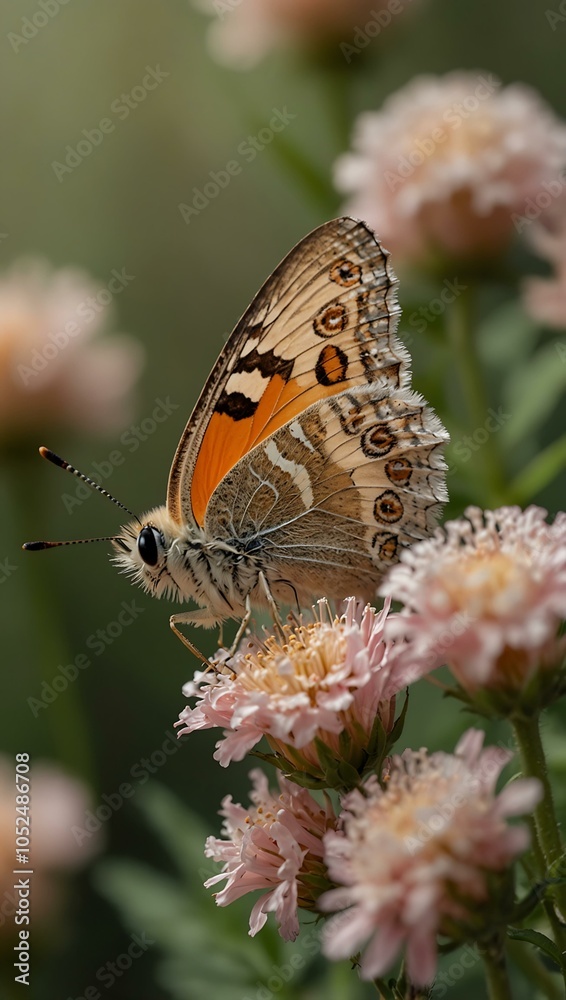Delicate peach fuzz butterfly resting on flowers against a minimal background. Delicate peach fuzz butterfly resting on flowers against a minimal background.