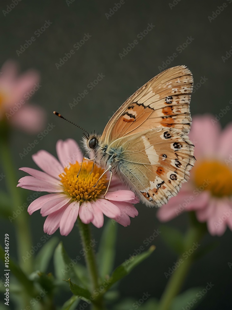 Delicate peach fuzz butterfly resting on flowers in a minimal background. Delicate peach fuzz butterfly resting on flowers in a minimal background.