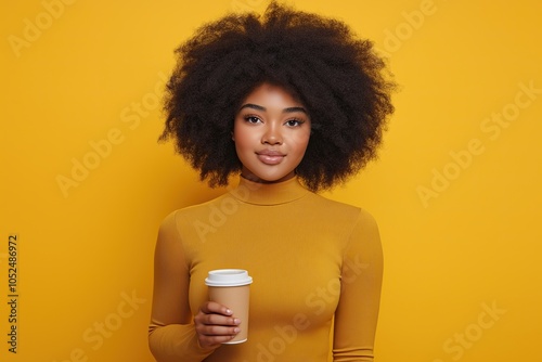 Afro woman holding a coffee cup against yellow background