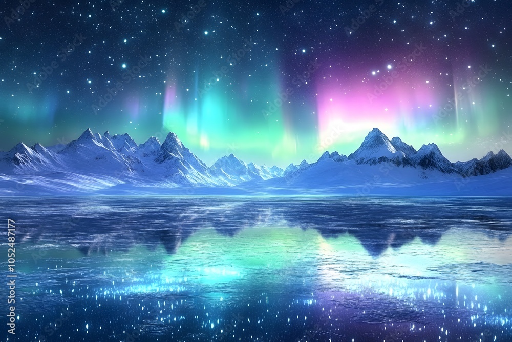 Fototapeta premium green glow and purple hues of aurora borealis, northern lights and beautiful night sky with a lot of stars and Milky Way galaxy