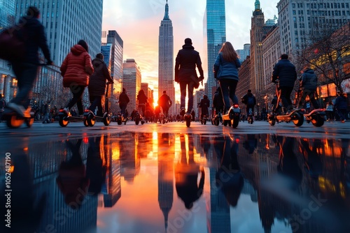 A crowded urban street filled with people on an array of scooters during dusk, reflecting the vibrant pace and community spirit of urban living.