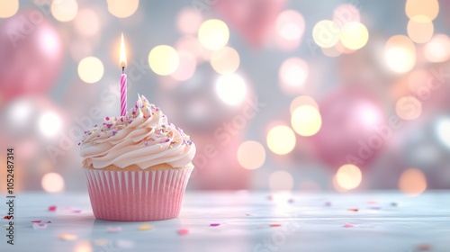 Delicious pink frosted cupcake with a birthday candle on a festive outdoor table during daytime