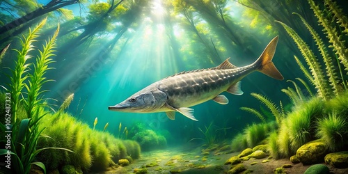 Stunning Beluga Sturgeon in Natural Habitat with High Depth of Field for Aquatic Photography