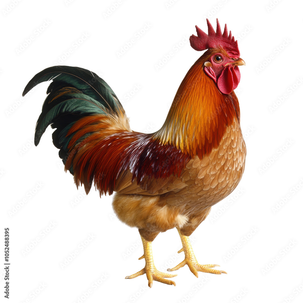 Fototapeta premium A brown rooster with vibrant tail feathers isolated on transparent background
