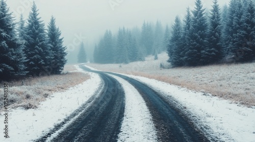 Snowy winding road through a forest during a foggy winter morning in a serene landscape