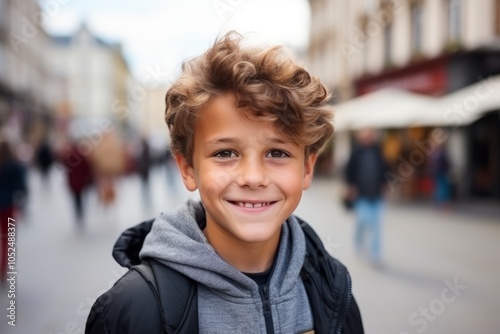 Portrait of a smiling little boy with curly hair in the city