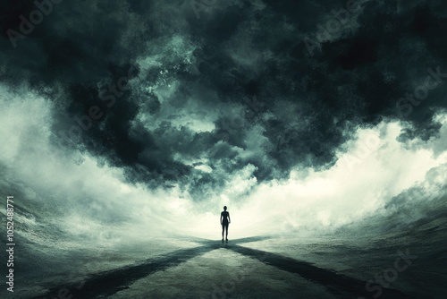 Silhouette of person facing stormy skies on desolate road