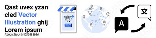E-commerce, global connectivity, and translation icons. Ideal for online shopping, international trade, digital marketing, language services, and technology integration. Banner for landing page