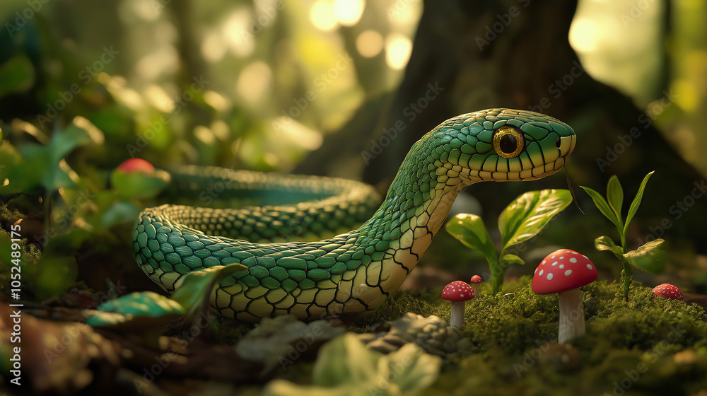 Obraz premium 2025 is the Year of the Green Wooden Snake. Intricately Carved Green Wooden Snake in Lush Forest – Detailed Scales and Realistic Wood Texture in Natural Leafy Surroundings with Playful Lighting Effect