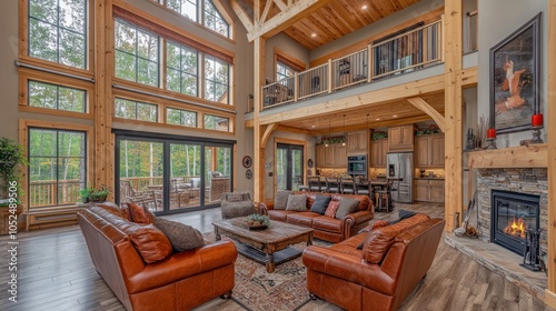 Spacious living room with large windows, a fireplace, and a loft.