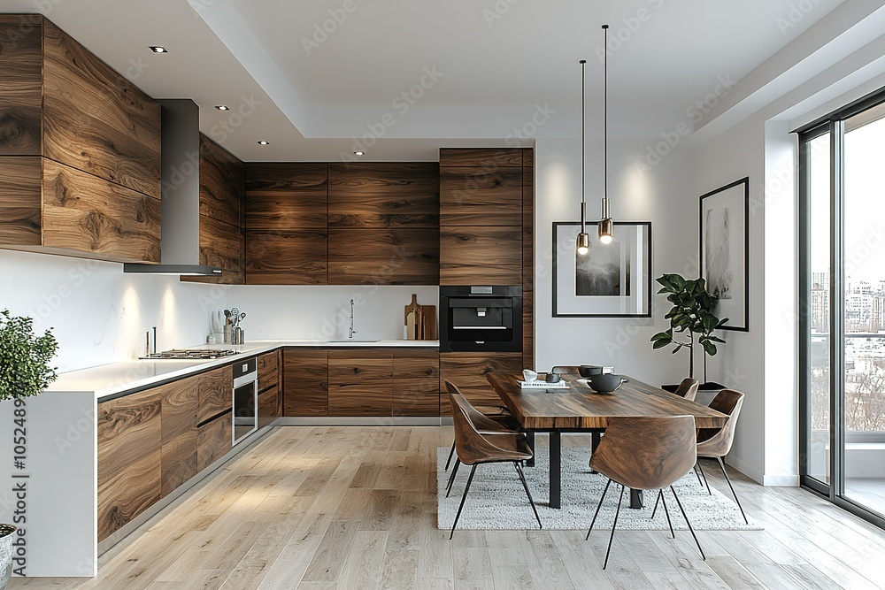 A modern kitchen with wood cabinets and a dining table.