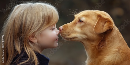 Young girl with blonde hair and golden retriever dog share a tender nose-to-nose moment. photo