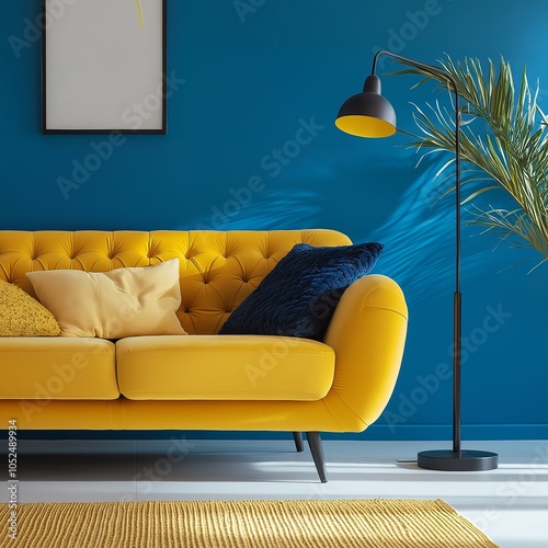 A stylish living room features blue walls, a yellow sofa, pillows, a rug, and a floor lamp in cozy lighting. photo