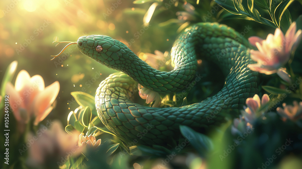 Fototapeta premium 2025 is the Year of the Green Wooden Snake. Intricately Carved Green Wooden Snake in Lush Forest – Detailed Scales and Realistic Wood Texture in Natural Leafy Surroundings with Playful Lighting Effect