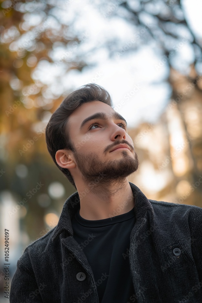 A thoughtful man looks up, surrounded by blurred autumn trees, evoking contemplation and connection with nature. A thoughtful man looks up, surrounded by blurred autumn trees, evoking contemplation and connection with nature.