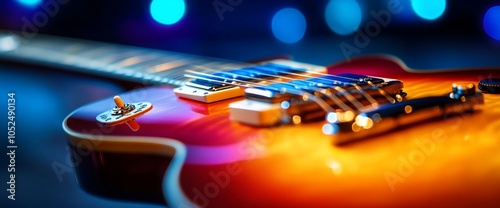 Close-up of a red electric guitar with blurred blue lights in the background.