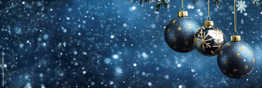 Christmas blue greeting card, minimalistic design with snowflakes, and 3 golden, glass balls are hanging against snowy background. copy space. Festive designs. Magic of holiday season Xmas atmosphere Christmas blue greeting card, minimalistic design with snowflakes, and 3 golden, glass balls are hanging against snowy background. copy space. Festive designs. Magic of holiday season Xmas atmosphere