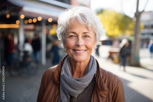 Portrait of happy senior woman standing in city street on sunny day