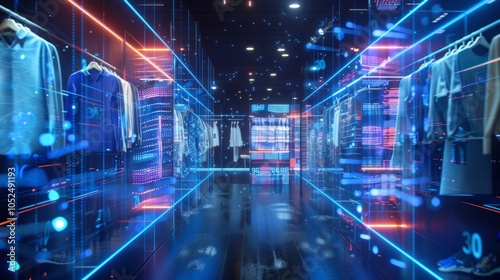 Immersive digital shopping experience showcasing clothing items with augmented reality interfaces, data visualization, and interactive displays in a futuristic retail environment