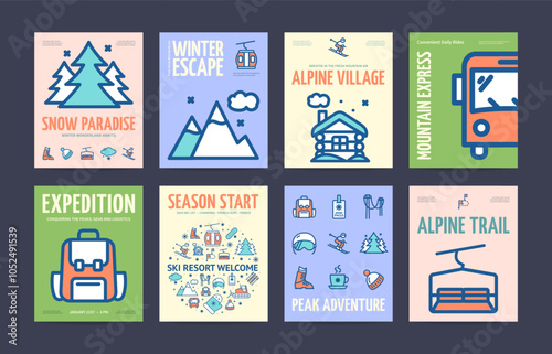 Ski Resort Concept Vertical Invitation Placard Poster Banner Card Template Set. Vector illustration of Mountain Express and Alpine Trail