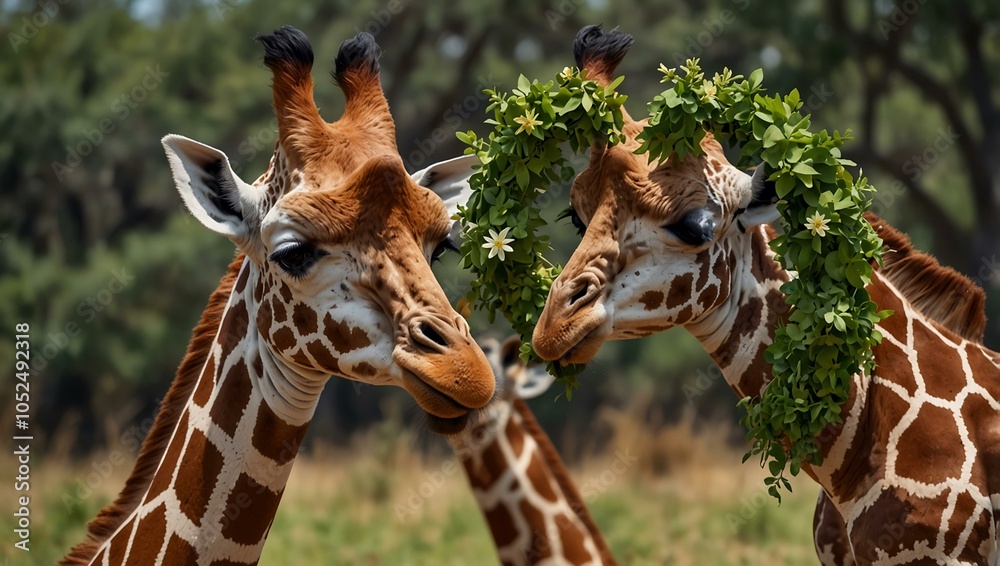 Giraffes embracing a green heart symbolizing nature. Giraffes embracing a green heart symbolizing nature.